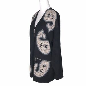 Rodier paisley zipper vintage cardigan sweater large tan black v-neck